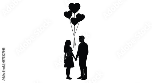 A couple holding hands gazes upwards at a cluster of heart shaped balloons creating a romantic silhouette high quality professional detailed modern