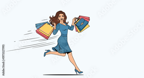 Excited woman with long hair running with many colorful shopping bags in her hands against a light blue background.