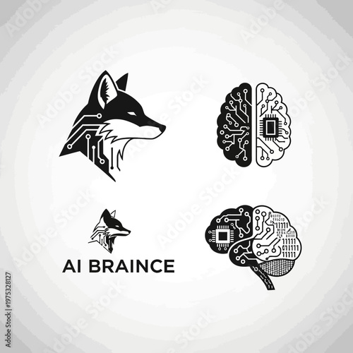 AI Fox and Brain Logos: Digital Intelligence and Technology Concepts