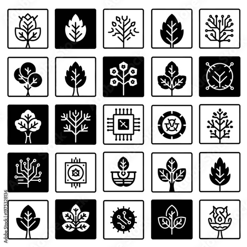 Biotechnology Icons: Leaf and Tree Symbols with Circuit Board and Technology Elements