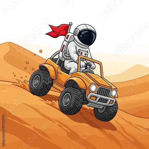 Astronaut driving dune buggy on alien desert planet with red flag