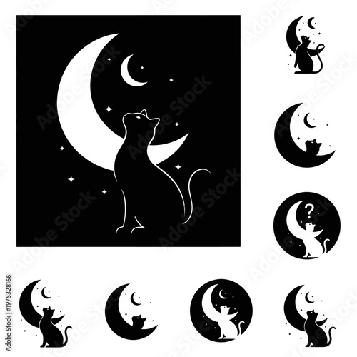 Black cat silhouette sitting on crescent moon, looking at stars and sky