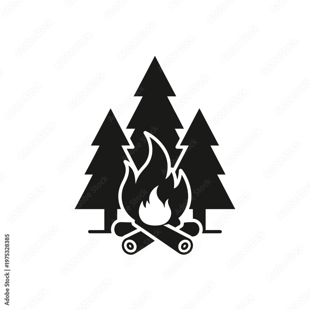 Obraz premium Campfire Icon with Pine Trees Silhouette