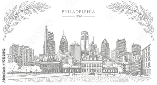 Black and white line art of the Philadelphia skyline featuring Independence Hall