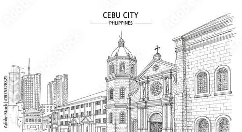 Black and white line drawing depicting Cebu City skyline featuring a historical church beside modern skyscrapers