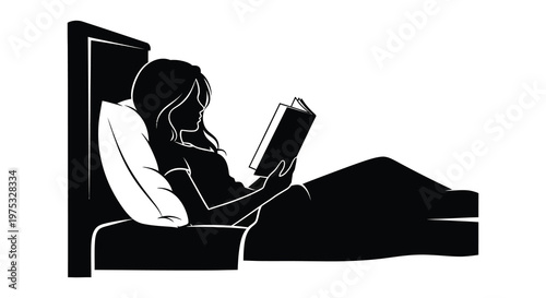 A woman relaxes and reads a book while reclining on a sofa depicted in striking black silhouette high quality professional detailed