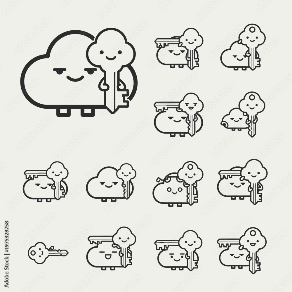 Fototapeta premium Cute Cloud Character Holding Key Icons Set
