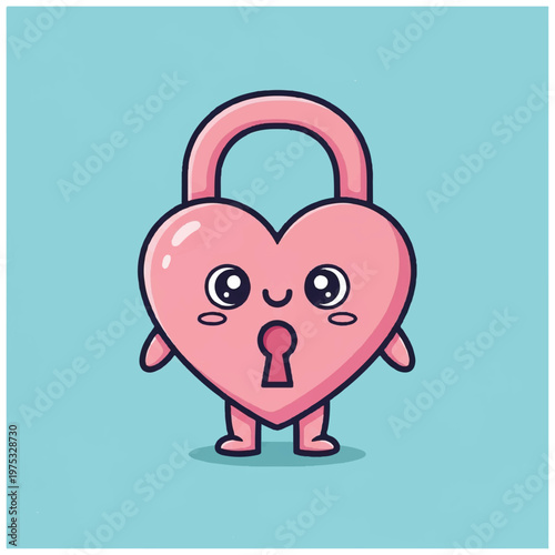 Cute cartoon heart shaped padlock character.