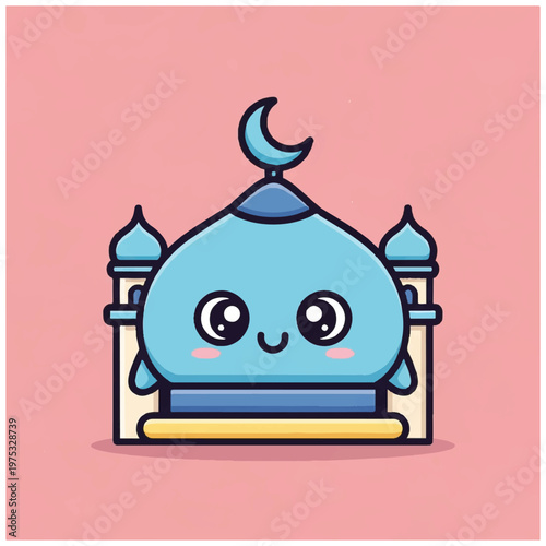 Cute cartoon mosque with smiling face.