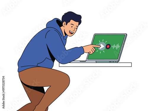 Young Man Playing Soccer on Laptop Screen.