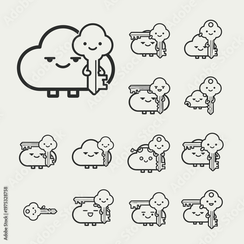 Cute Cloud Character Holding Key Icons Set