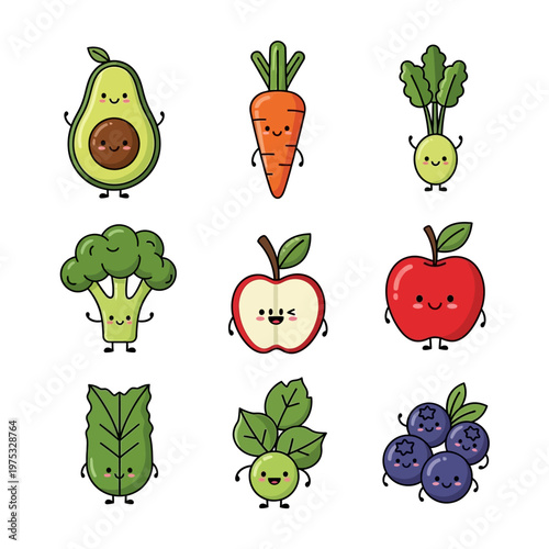 Cute Cartoon Vegetables and Fruits with Faces - Kawaii Food Characters