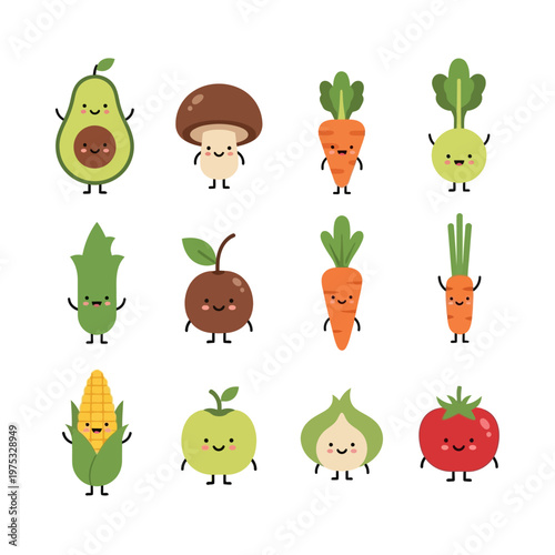 Cute Kawaii Vegetables and Fruits Characters Set Vector