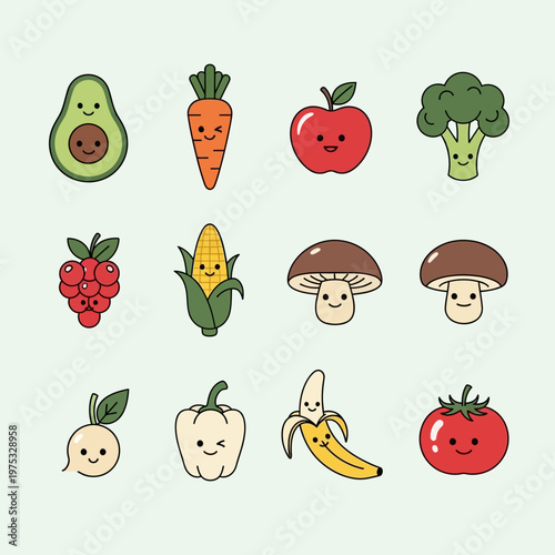 Cute Kawaii Vegetables and Fruits Collection, Healthy Food Characters