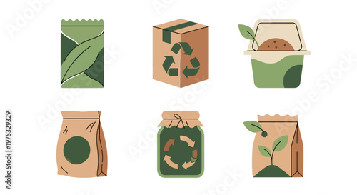 Eco Friendly Packaging Icon Set with Recycling Symbols and Biodegradable Material Concepts