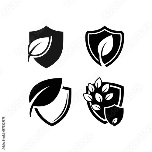 Eco Shield Icons: Nature Protection, Organic Security, Leaf Emblem, Safety Badge