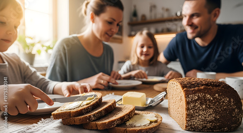 A young family enjoys a morning meal together with fresh brown bread and butter on a wooden table in a sunlit kitchen