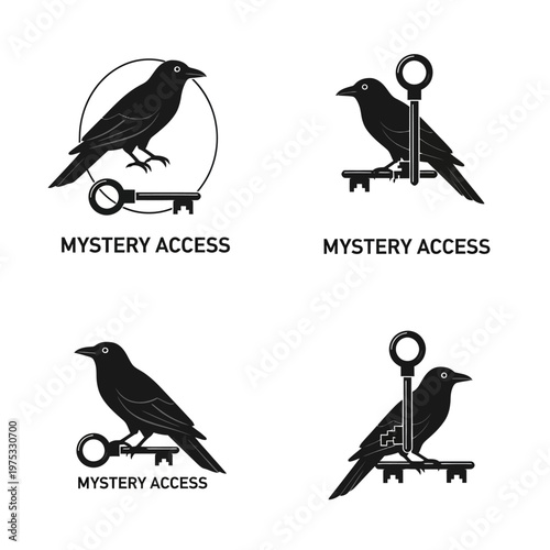 Mysterious Raven and Key Logos Set - Symbolizing Secrets, Access, and Intrigue