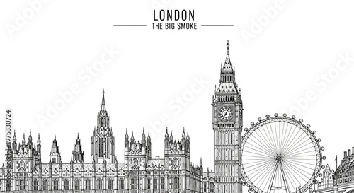 Black and white line drawing of the London skyline featuring the Houses of Parliament Big Ben and the London Eye