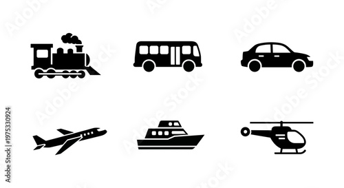 Set of six black silhouette icons featuring public and private transportation modes including a steam train, bus, sedan car, airplane, motorboat, and helicopter on white background.