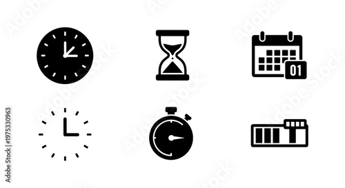 Six black vector icons representing time management and scheduling including analog clock, hourglass, calendar, stopwatch, and progress bar isolated on a white background.