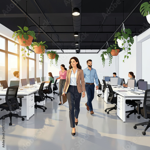 Modern office space with employees collaborating and working at desks