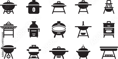 Barbecue grill icons set featuring various BBQ equipment, outdoor cooking appliances and tools
