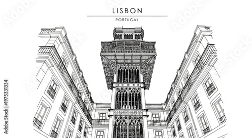 Black and white line drawing of the Santa Justa Lift in Lisbon Portugal framed by buildings
