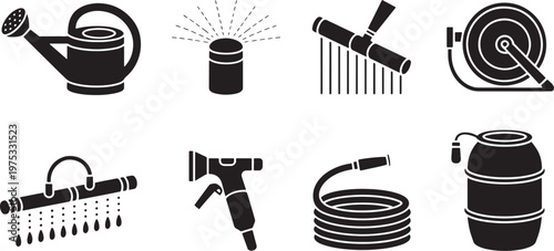 Collection of eight essential garden tool silhouettes, including a watering can, rake, and spra