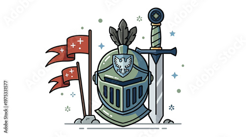 Medieval Knight Armor Illustration with Helmet Sword and Heraldic Flags Vector Graphic for Gaming and History Education
