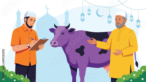 Muslim Men Selecting a Cow for Eid al Adha Qurban Sacrifice Ritual with Mosque Background Flat Vector Illustration for Islamic Holiday