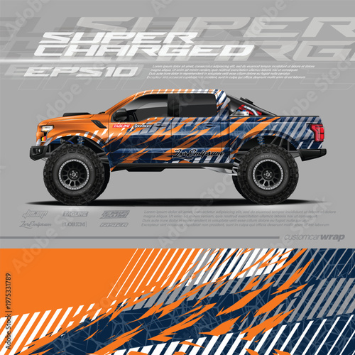 Racing car wrap design vector. Graphic abstract stripe racing background kit designs for wrap vehicle, race car, rally, adventure and livery