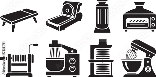 Collection of kitchen appliance line art silhouettes, including juicer, mixer, and food process