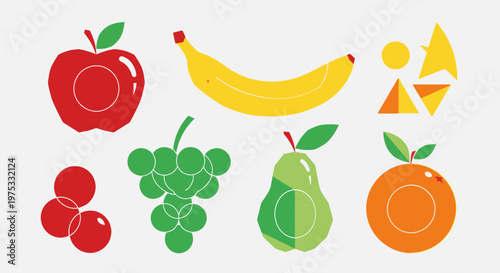 Colorful illustration of various fruits on a white background for design