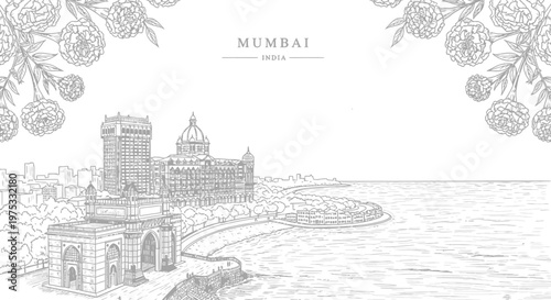 Black and white sketch of Mumbais Gateway of India Taj Hotel and skyline near the water