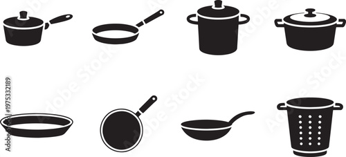 Collection of various cookware silhouettes including pots, pans, and a pressure cooker