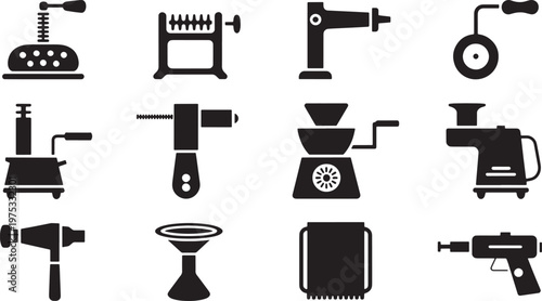 Collection of Vintage Kitchen Appliances and Tools as Flat Icons for Food Preparation