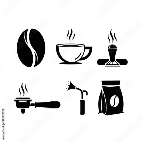 Coffee Icons Set: Bean, Cup, Tamper, Portafilter, Steamer, Bag
