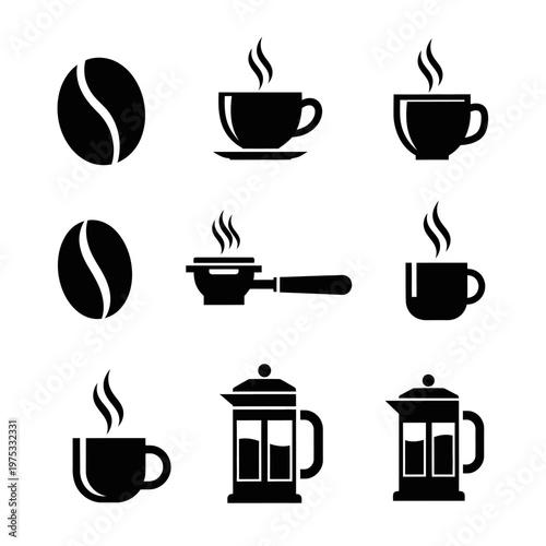 Coffee Icons Set: Beans, Cups, Portafilter, French Press, Black and White Graphics
