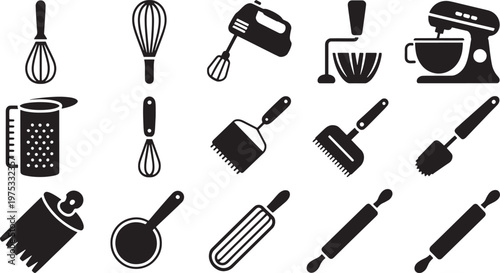 Comprehensive Set of Kitchen Appliance and Cooking Utensil Vector Icons with Mixers and Whisks