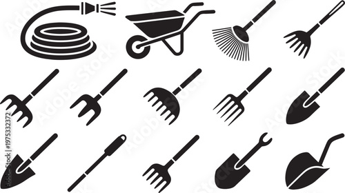Comprehensive vector collection of essential gardening tools silhouettes, featuring shovels, ra