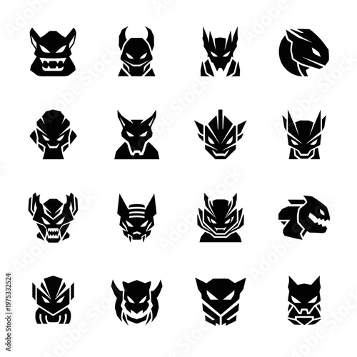 Collection of 16 Futuristic Monster Faces Icons, Sci-Fi Alien Masks, Dark Fantasy Character Emblems