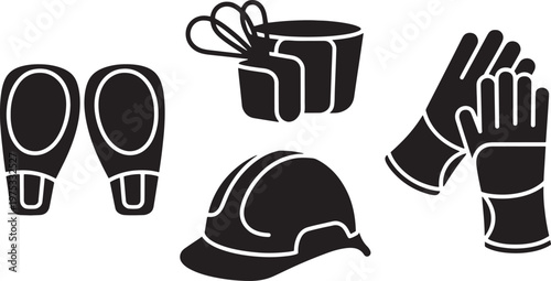 Graphic illustration of essential personal protective equipment: hard hat, work gloves, knee pa