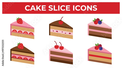 Vector set of various cake slice icons featuring chocolate strawberry and cherry flavors for bakery menus and cafe branding