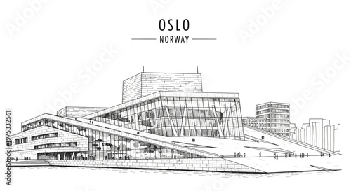 Black and white sketch of the Oslo Opera House Norway with surrounding cityscape