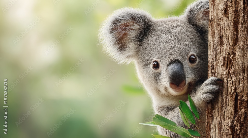 Fototapeta premium Adorable Koala Chewing Eucalyptus Leaves While Clinging to Tree Trunk