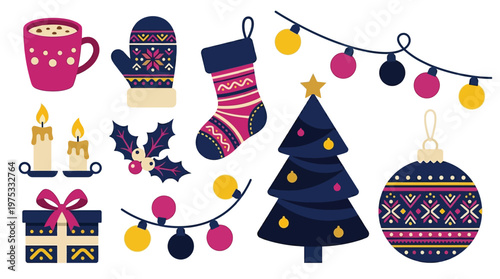 Colorful Flat Christmas Vector Icon Set with Mug Mitten Stocking Tree and Gift Box for Winter Holiday Season Designs