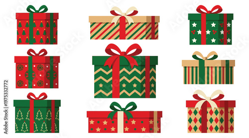 Set of colorful Christmas gift boxes with festive patterns and bows for holiday marketing and greeting card designs