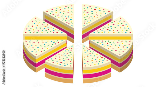 Isometric Layered Birthday Cake Sliced into Pieces with Colorful Sprinkles Isolated on White Background