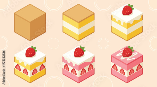 Isometric Strawberry Shortcake Vector Set with Layered Cream Cake and Fruit Slices for Bakery Menus and Sweet Dessert Icons